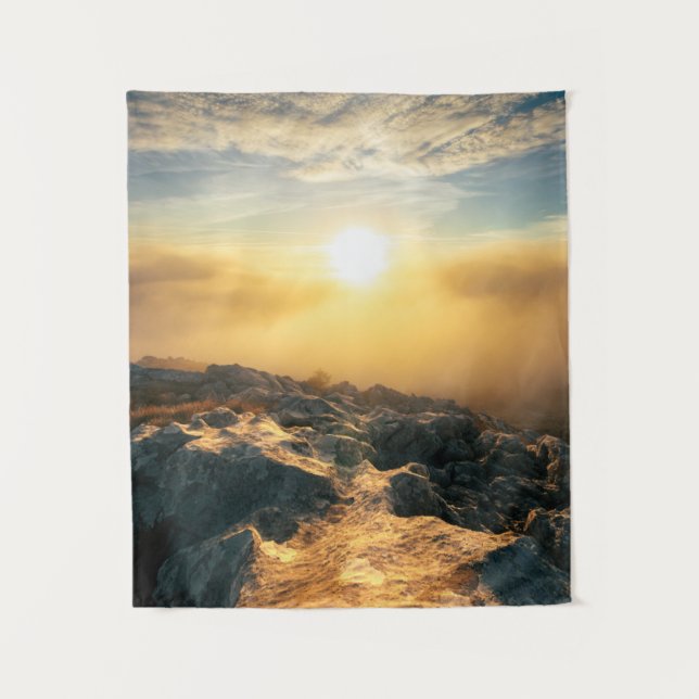 Phantastischer Sonnenuntergang über Wolken und son Wandteppich (Vorderseite)