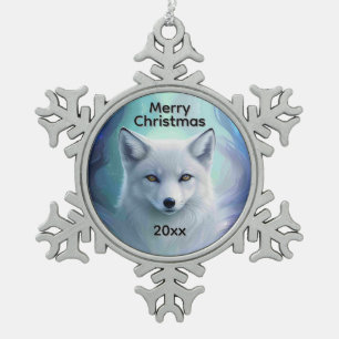 Phantastischer Weißschneefox zum Weihnachtsjahr de Schneeflocken Zinn-Ornament