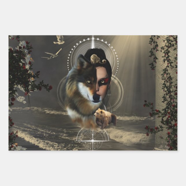 Phantastischer Wolf mit Fee Geschenkpapier Set (Vorderseite)