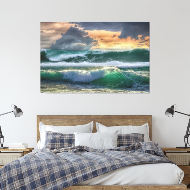 Phantastisches Blau/Grüne Ozeanwellen Sonnenunterg Leinwanddruck (Insitu (Schlafzimmer))
