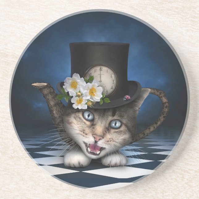 Phantastisches Mad Hatter Teapot Kat Whimsisches D Getränkeuntersetzer (Vorne)