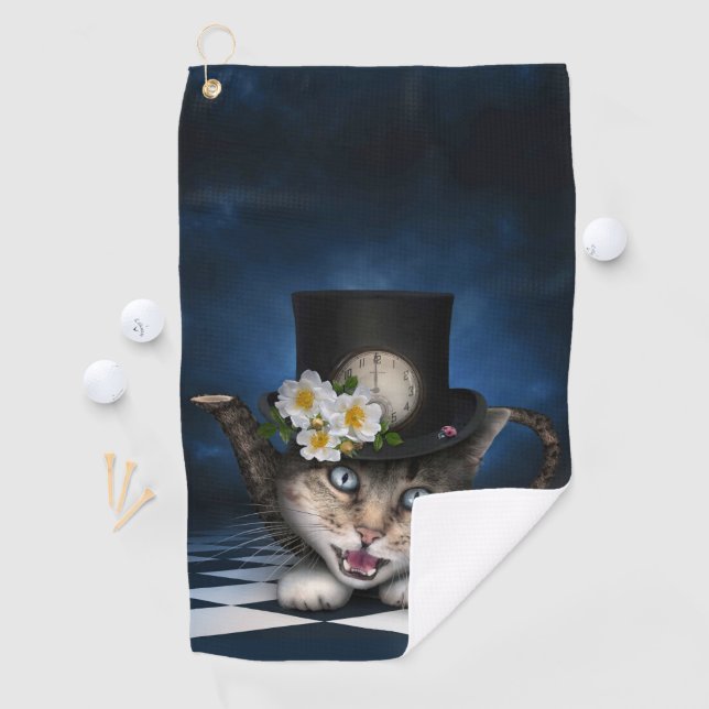 Phantastisches Mad Hatter Teapot Kat Whimsisches D Golfhandtuch (Insitu)