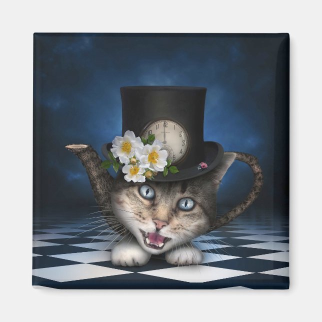 Phantastisches Mad Hatter Teapot Kat Whimsisches D Magnet (Vorne)