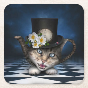 Phantastisches Mad Hatter Teapot Kat Whimsisches D Rechteckiger Pappuntersetzer
