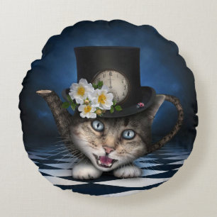 Phantastisches Mad Hatter Teapot Kat Whimsisches D Rundes Kissen