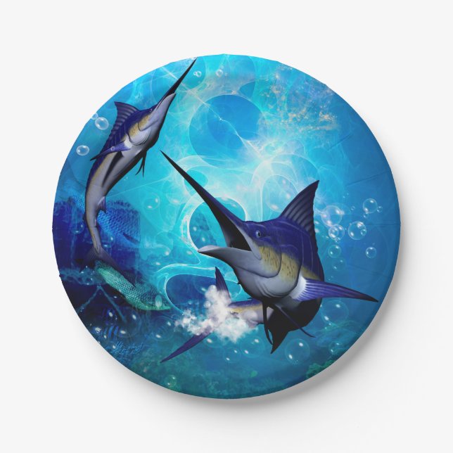 Phantastisches Marlin mit Blasen Pappteller (Vorderseite)