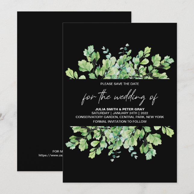 Phantom Black Leafy Save the Date Hochzeit Einladung (Vorne/Hinten)