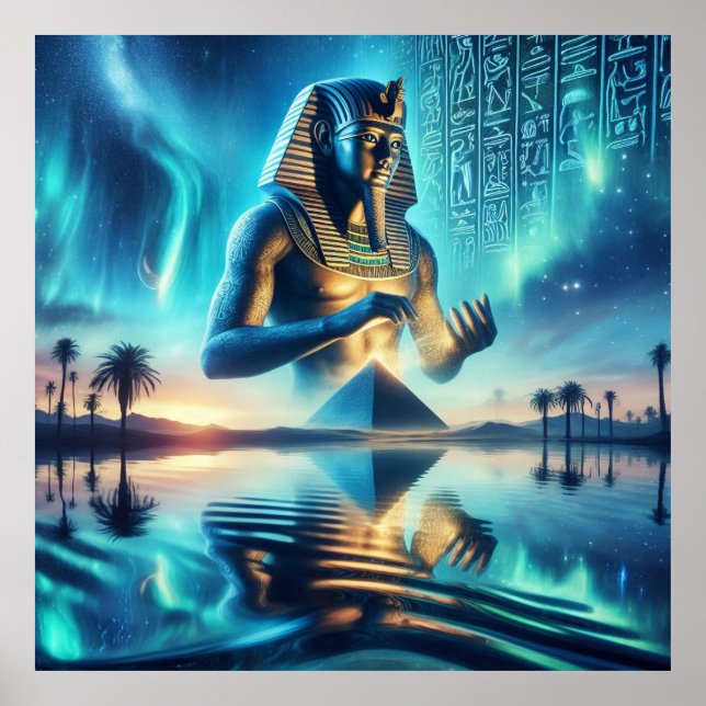 Pharao mit Hieroglyphen und Pyramide Poster (Vorne)
