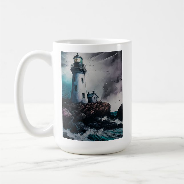 Phare pendant la tempête 15 oz Mug de base (Gauche)