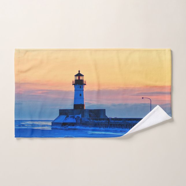 Phare sur le lac Supérieur Sunrise (Serviette à main)