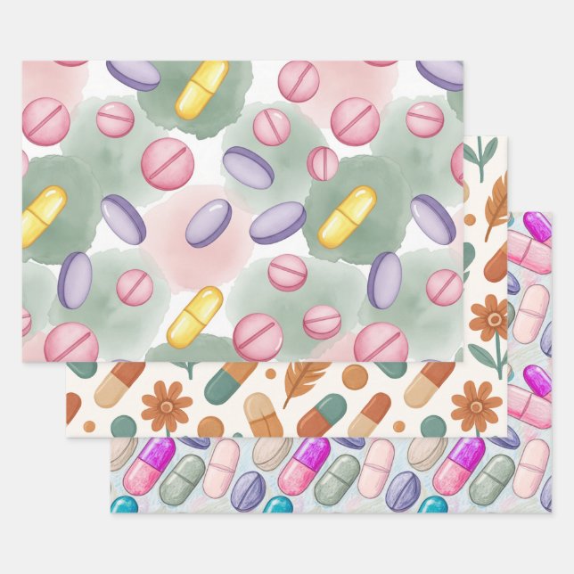 Pharmacist Pink Pill Boho Feather Wrapping Paper Geschenkpapier Set (Set)