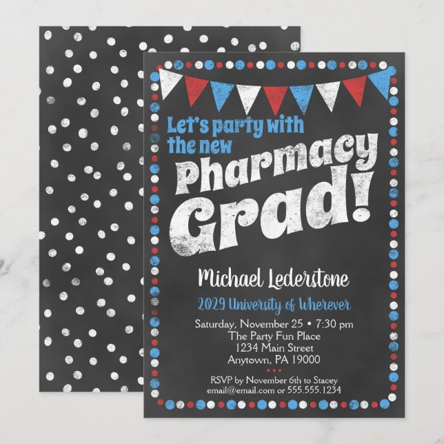Pharmacy Graduation Party Einladung Red Blue (Vorne/Hinten)