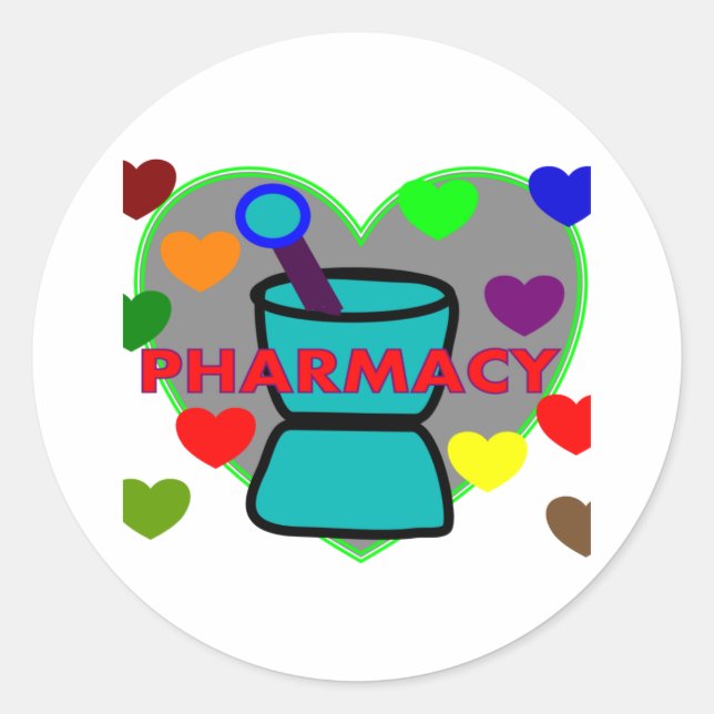 "PHARMACY" - mehrfarbige Herzen Runder Aufkleber (Vorderseite)