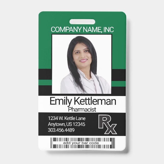 Pharmacy Technician Foto Abzeichen - grün und schw Ausweis (Vorderseite)