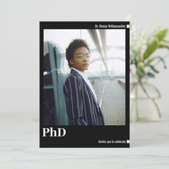 PhD-Abschluss für Minimalistisches Foto Einladung (Stehend Vorderseite)