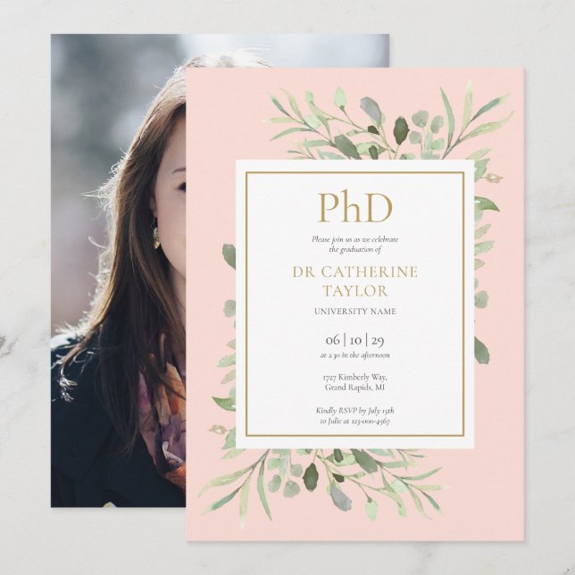 Phd Degree Blush Pink Greenerity Foto Abschluss Einladung (Vorne/Hinten)