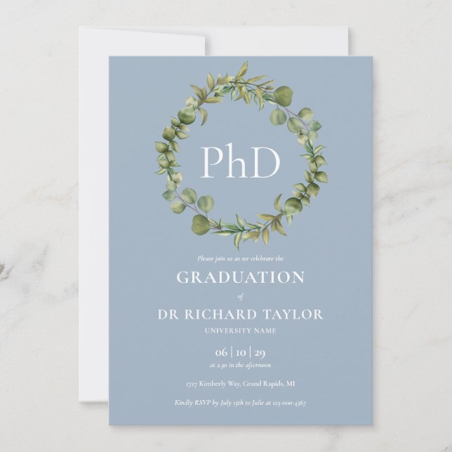 PhD Degree Dusty Blue Garland Abschluss Einladung (Vorderseite)