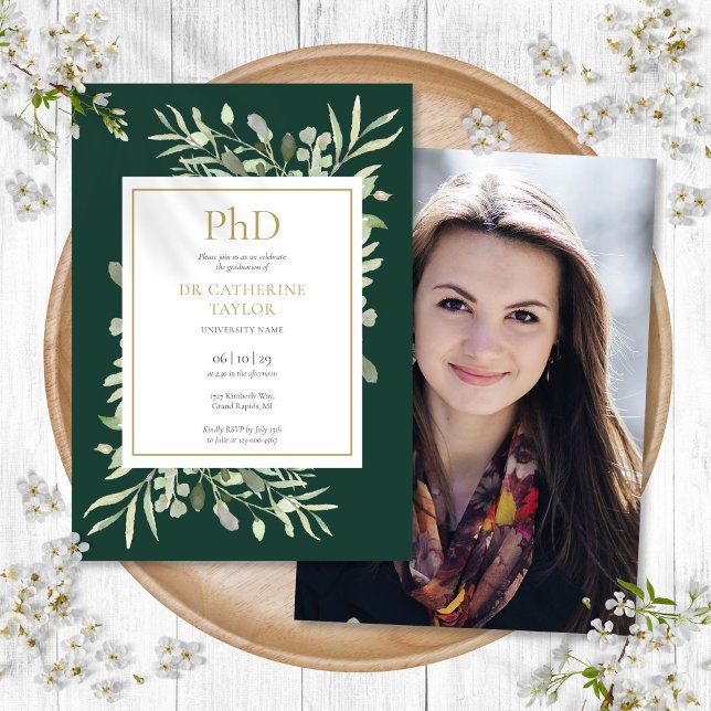 Phd Degree Emerald Greenery Foto Abschluss Einladung (Phd Degree Emerald Greenery Photo Graduation Invitation)