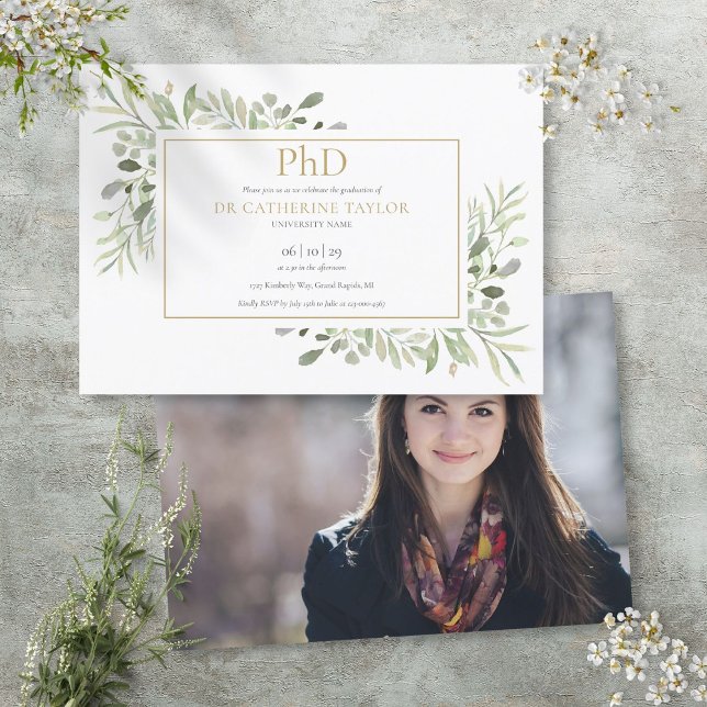 Phd Degree Greenerity Foliage Foto Abschluss Einladung (Phd Degree Greenery Foliage Photo Graduation Invitation)