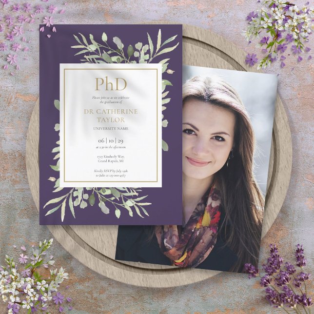Phd Degree Greenery Lila Foto Abschluss Einladung (Phd Degree Greenery Purple Photo Graduation Invitation)