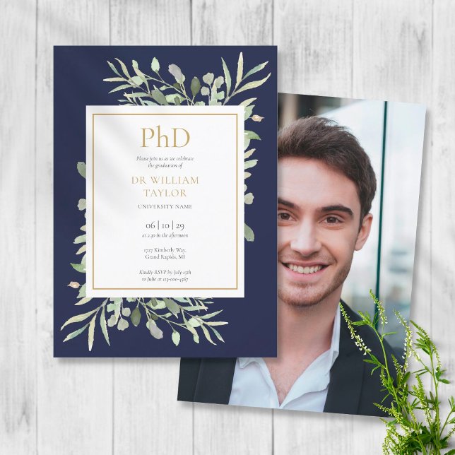 Phd Degree Greenery Navy Blue Foto Abschluss Einladung (Von Creator hochgeladen)