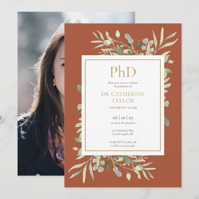 Phd Degree Terracotta Grüne Foto Abschluss Einladung (Vorne/Hinten)