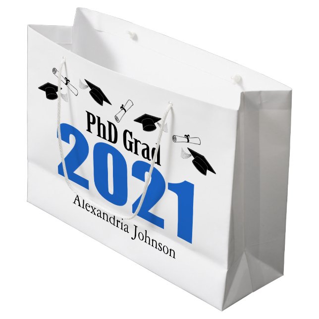 PhD Grad 2021 Abschluss Geschenkbeutel (blau) Große Geschenktüte (Vorderseite Schrägansicht)