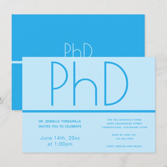 PhD Grad Light Blue Graduation Party Einladung (Vorne/Hinten)