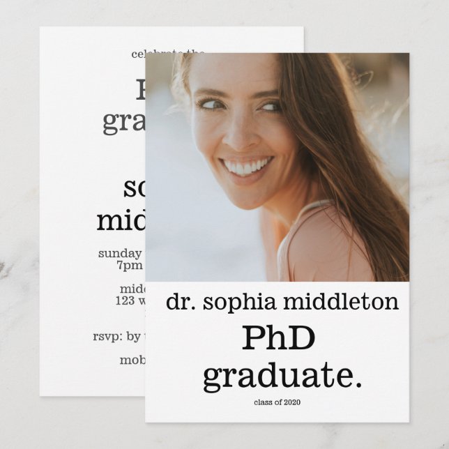 PhD Graduate Simple Foto Moderner Schriftart Einladung (Vorne/Hinten)