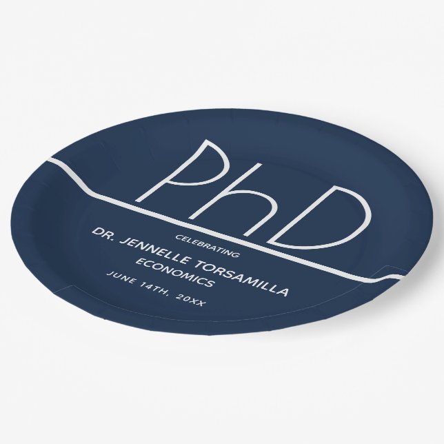 PhD Graduation Party Blue Paper Plate Pappteller (Schrägansicht)