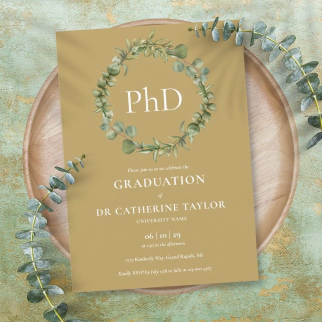 PhD Graduation Party Gold Garland Einladung (PhD Degree Gold Garland Graduation Party Invitation)