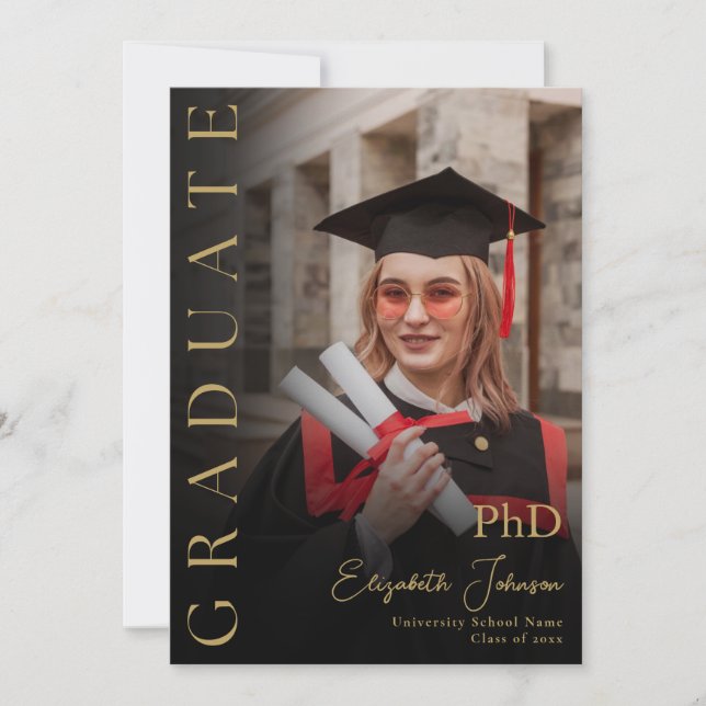 PhD-Graduiertenparty für Schwarz-Gold-Foto Einladung (Vorderseite)