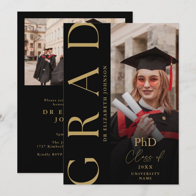 PhD-Graduiertenparty für Schwarz-Gold-Foto Einladung (Vorne/Hinten)