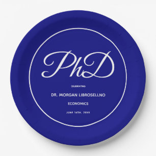 PhD-Papierplatte für eine blaue Graduierungsparte Pappteller