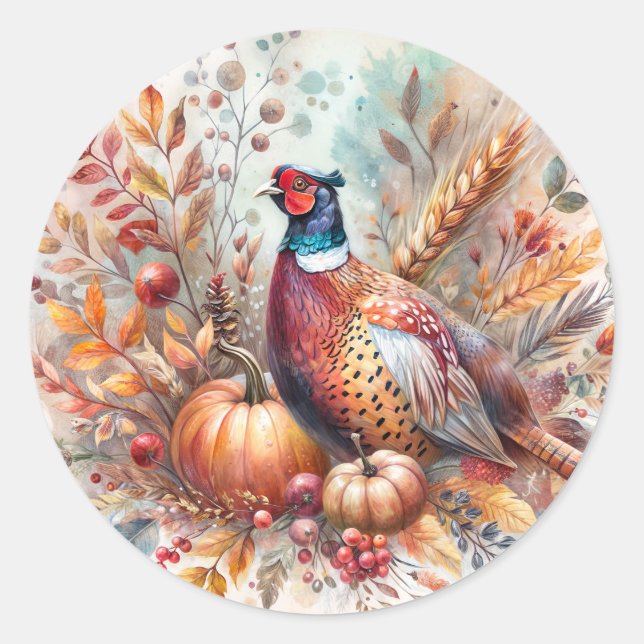 Pheasant Fall Theme mit Pumpkins Runder Aufkleber (Vorderseite)