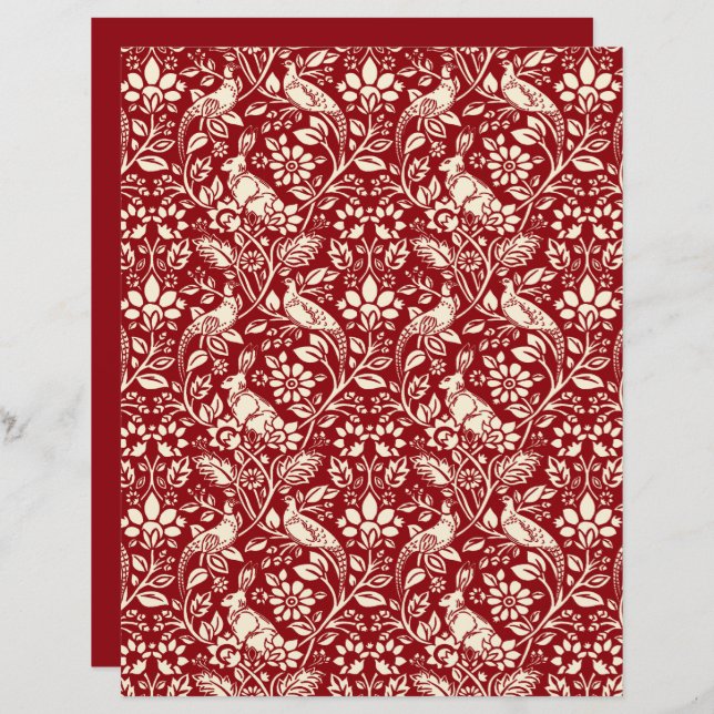Pheasant und Hare Pattern, Deep Red und Creme (Vorne/Hinten)