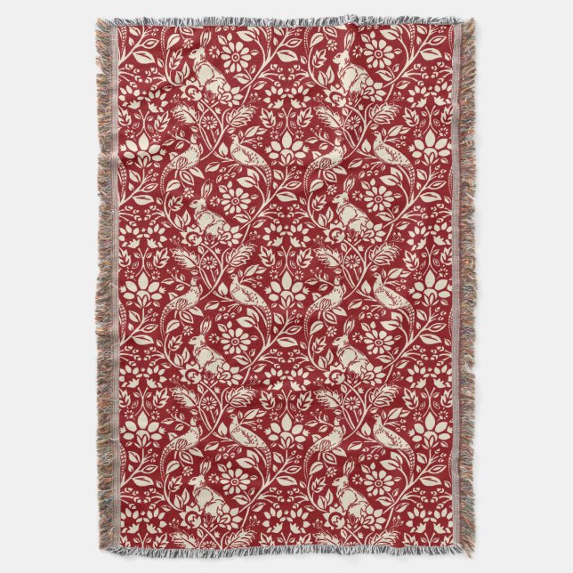 Pheasant und Hare Pattern, Deep Red und Creme   Decke (Vorderseite Vertikal)