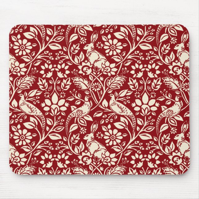 Pheasant und Hare Pattern, Deep Red und Creme Mousepad (Vorne)