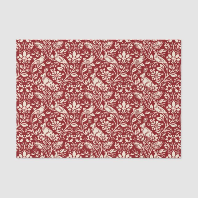 Pheasant und Hare Pattern, Deep Red und Creme Seidenpapier (Vorderseite)