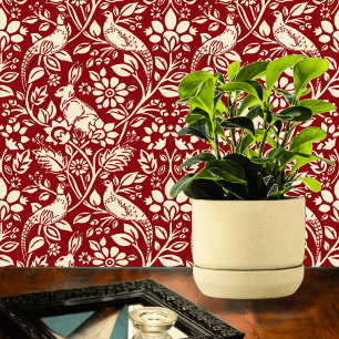 Pheasant und Hare Pattern, Deep Red und Creme Tapete