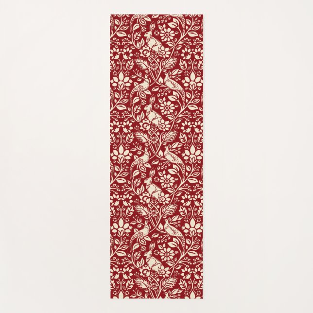 Pheasant und Hare Pattern, Deep Red und Creme Yogamatte (Vorderseite)