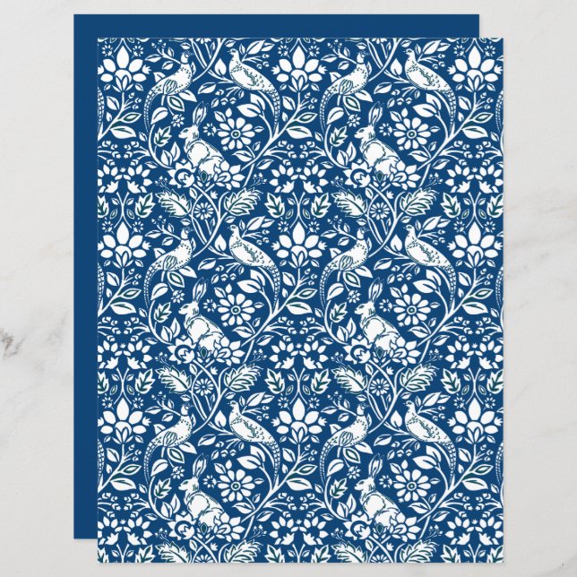 Pheasant und Hare Pattern, Indigo Blau und Weiß (Vorne/Hinten)