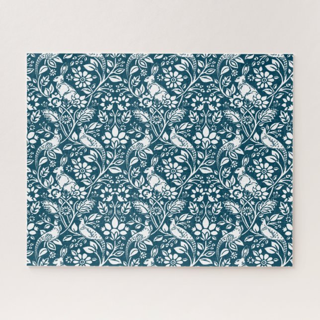 Pheasant und Hare Pattern, Indigo Blau und Weiß (Horizontal)