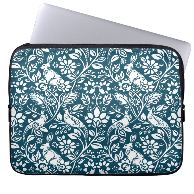 Pheasant und Hare Pattern, Indigo Blau und Weiß Laptopschutzhülle (Vorderseite)
