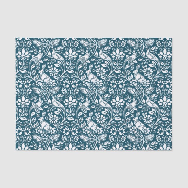 Pheasant und Hare Pattern, Indigo Blau und Weiß Seidenpapier (Vorderseite)