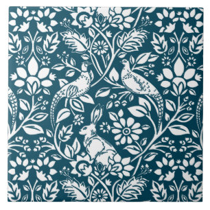 Pheasant und Hare Pattern, Indigoblau und Weiß Fliese