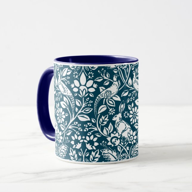 Pheasant und Hare Pattern, Indigoblau und Weiß Tasse (Vorderseite Links)