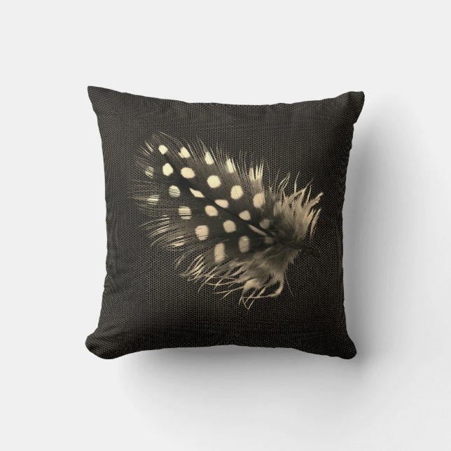 Pheasant's Feather Warm Sepia Schwarz Beige Kissen (Vorderseite)