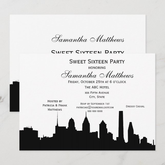 Philadelphia Black Skyline Silhouette Sweet 16 Einladung (Vorne/Hinten)