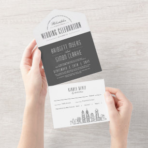 Philadelphia Deco-Skyline   Graustil-Hochzeit All In One Einladung